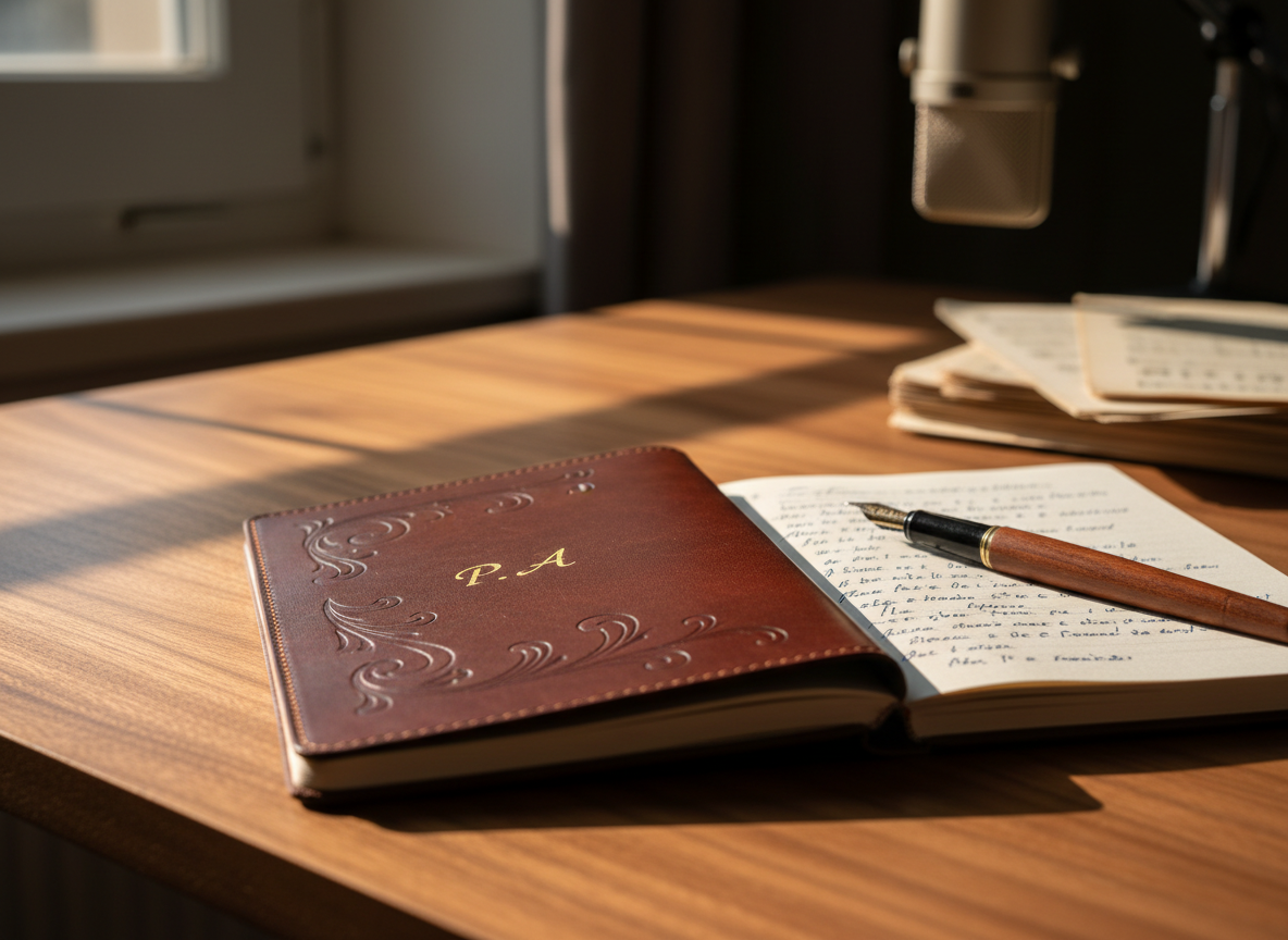 A finely crafted leather-covered notebook, its dark auburn cover embossed with subtle, elegant scrollwork and the initials “P.A.” in discreet gold foil, lies open on a walnut writing desk. An old-fashioned fountain pen rests diagonally across a page filled with flowing, blurred French lyrics, as if just written. Late afternoon light from an unseen window grazes the scene, casting long, poetic shadows and warm reflections on the polished wood. In the softly out-of-focus background, a stack of sheet music and a classic studio microphone hint at songwriting. Photographic realism, eye-level composition with shallow depth of field, creating a sophisticated, intimate atmosphere suited to an auteur-parolier’s blog.