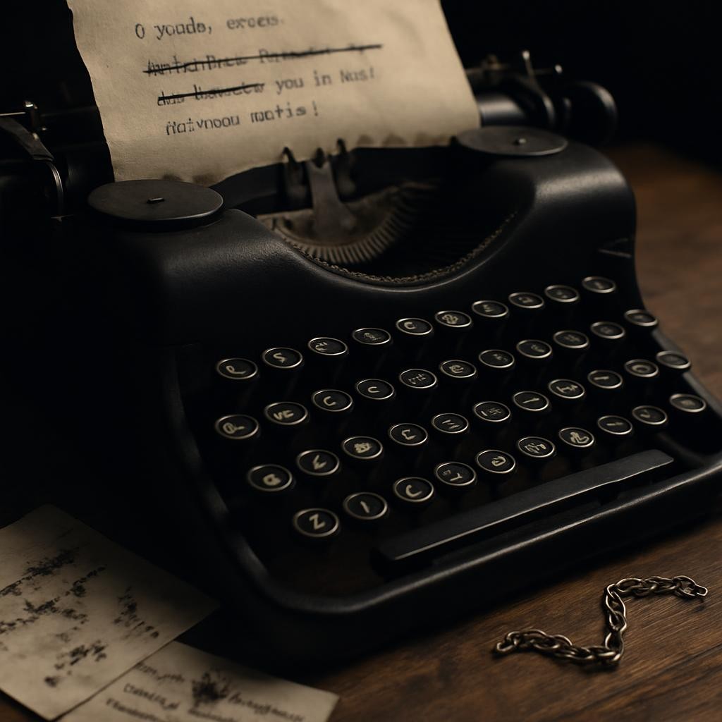 A close-up of a vintage typewriter in matte black metal, each round key engraved with crisp white letters, a strip of slightly crumpled parchment rolled into the carriage. The visible lines on the page form fragments of poetic French verses, certain words struck through with deliberate intensity. The machine sits on a weathered oak table, scattered with ink-stained note cards and a single silver chain gently coiled, echoing the theme of breaking free. Soft, directional studio lighting from the left creates dramatic shadows between the keys and a subtle sheen on the metal. Photographic realism, shot from a low, oblique angle with selective focus, evoking a sophisticated, introspective atmosphere of revision and searching for the perfect lyrics.